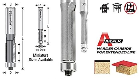 Amana Tool 47102-5 5-Pack Carbide Tipped Flush Trim 3/8 D x 1/2 CH x 1/4 Inch SHK x 2-1/8 Inch Long Router Bits w/ Lower Ball Bearing in Kuwait