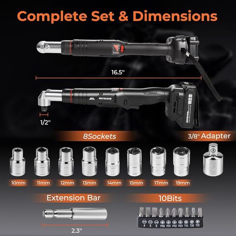 1/2" Brushless Right Angle Wrench 360 Rotating 160Nm, 2 Batteries | 6-Speed Control (800-3000 RPM), 4-Level LED Fuel Gauge, Includes 20pcs Sockets & Bits, 3500 IPM High Torque, Pro Tool Case in Kuwait