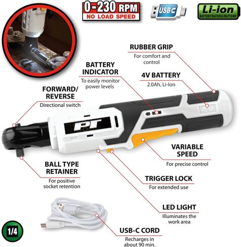 Performance Tool 4V 1/4 Inch Drive Cordless Ratchet - 0-230 RPM, 92 inch/lb Torque, Electric Ratchet, LED Light, USB-C, Electric Wrench, Auto Repair, White/Black in Kuwait