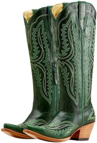 UniqueStride Women's Knee High Cowgirl Boots Western Cowboy Embroidery Chunky Heel Side Zipper Snip Toe Riding Biker Motorcycle Wide Calf Tall Boot in Kuwait