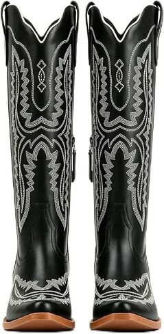 UniqueStride Women's Knee High Cowgirl Boots Western Cowboy Embroidery Chunky Heel Side Zipper Snip Toe Riding Biker Motorcycle Wide Calf Tall Boot in Kuwait