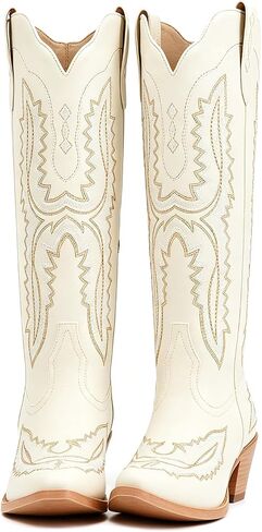 UniqueStride Women's Knee High Cowgirl Boots Western Cowboy Embroidery Chunky Heel Side Zipper Snip Toe Riding Biker Motorcycle Wide Calf Tall Boot in Kuwait