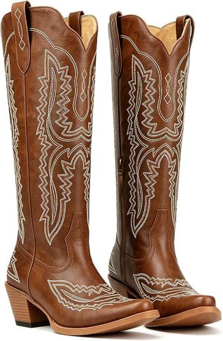 UniqueStride Women's Knee High Cowgirl Boots Western Cowboy Embroidery Chunky Heel Side Zipper Snip Toe Riding Biker Motorcycle Wide Calf Tall Boot in Kuwait