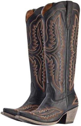 UniqueStride Women's Knee High Cowgirl Boots Western Cowboy Embroidery Chunky Heel Side Zipper Snip Toe Riding Biker Motorcycle Wide Calf Tall Boot in Kuwait