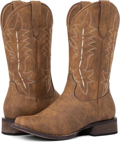 Women's Wide Square Toe Cowboy Cowgirl Boots | Mid Calf, Hidden Elastic Band, Pull On, Low Heel, Western Embroidery, for Country Concert, Wedding, Rodeo, Theme Party, Daily in Kuwait