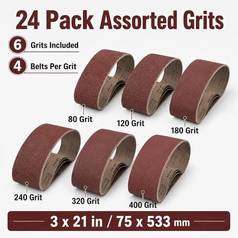 HIHANG 24 Pack 3x21 Belt Sander Sanding Belts, Aluminum Oxide Cloth Backing Sandpaper, Assorted Grits 80/120/180/240/320/400 for Woodworking, Furniture Finishing and Light Metal Polishing in Kuwait