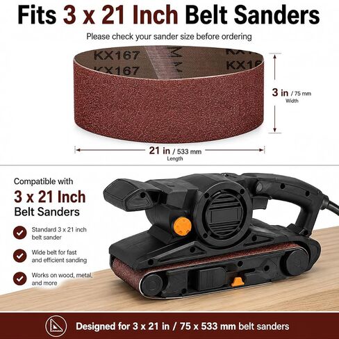 HIHANG 24 Pack 3x21 Belt Sander Sanding Belts, Aluminum Oxide Cloth Backing Sandpaper, Assorted Grits 80/120/180/240/320/400 for Woodworking, Furniture Finishing and Light Metal Polishing in Kuwait