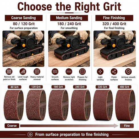 HIHANG 24 Pack 3x21 Belt Sander Sanding Belts, Aluminum Oxide Cloth Backing Sandpaper, Assorted Grits 80/120/180/240/320/400 for Woodworking, Furniture Finishing and Light Metal Polishing in Kuwait