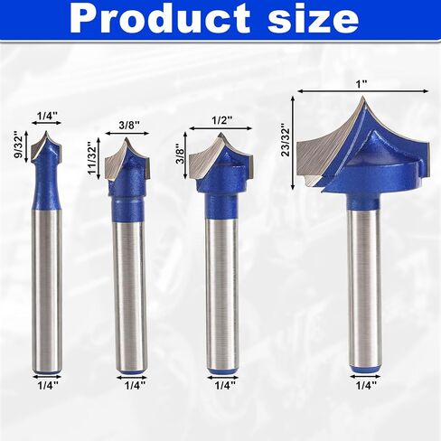 4pcs Carbide Groove Point Cutting Roundover Router Bit Set, 1/4" Shank Router Bit Roundover Plunge Cutter for Wood Engraving Edge Forming Cutter in Kuwait