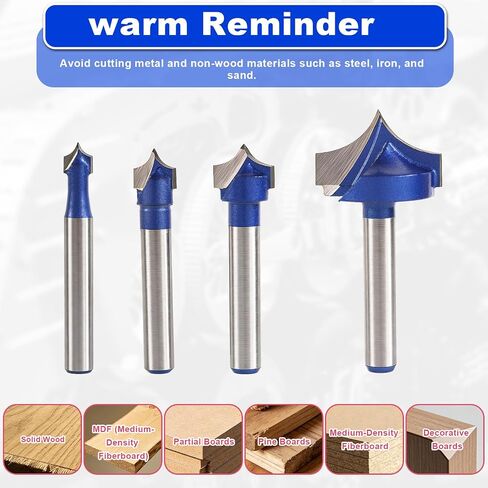 4pcs Carbide Groove Point Cutting Roundover Router Bit Set, 1/4" Shank Router Bit Roundover Plunge Cutter for Wood Engraving Edge Forming Cutter in Kuwait