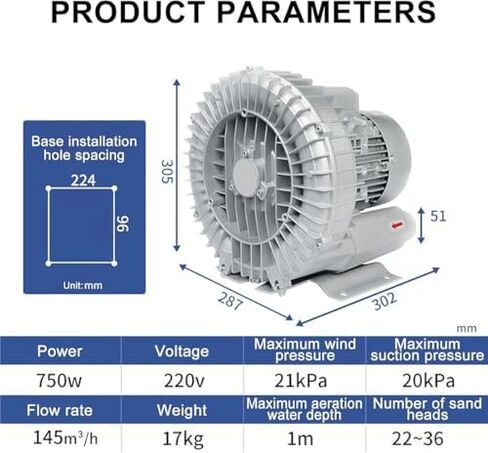 Regenerative Blower High-Pressure Vortex Ring Phase Blower Industrial Vacuum Pump,High-Pressure Vortex Ring Blower 750W, 1.01HP Industrial Side Channel Centrifugal Air Blower, 2980 RPM for E in Kuwait
