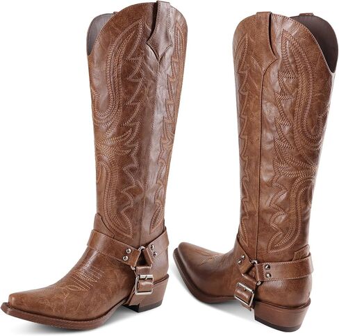 Women's Knee High Cowboy Boots with Detachable Buckle Strap | Embroidered Cowgirl Boots, Square Toe Chunky Western Boots, Side Zipper Tall Boots for Rodeos Party Concert in Kuwait