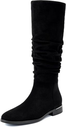 Modatope Slouchy Flat Rounded Toe Ruched Knee High Boots for Women | Low Chunky Heel Fall Winter Boots, 2026 Fashion Dress Long Boots,Ruched Faux Suede Causal Boots for Women in Kuwait