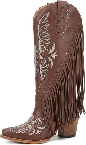 Women’s Cowgirl Western Boots with Fringe – Faux Leather Embroidered Knee High Cowboy Boots, Pointed Toe, Mid Heel in Kuwait