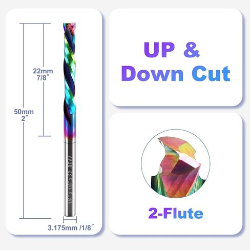 1/8 inch Shank Compression CNC Router Bits, 2-Flute DLC Coating Solid Carbide Spiral End Mill, 22mm CEL. Up & Down Cut Milling Cutter for Engraving Milling Woodworking Carving, Pack of 10 in Kuwait