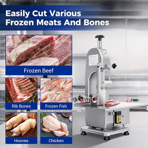 Commercial Electric Meat and Bone Band Saw, 750W Stainless Steel Worktable Bone Saw Machine, Worktable 12.5" x 18.5", 0.03-4.72'' Cutting Thickness, Frozen Meat Cutter for Rib Pork Beef (2 Blades) in Kuwait