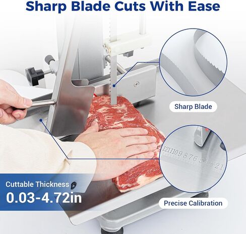 Commercial Electric Meat and Bone Band Saw, 750W Stainless Steel Worktable Bone Saw Machine, Worktable 12.5" x 18.5", 0.03-4.72'' Cutting Thickness, Frozen Meat Cutter for Rib Pork Beef (2 Blades) in Kuwait
