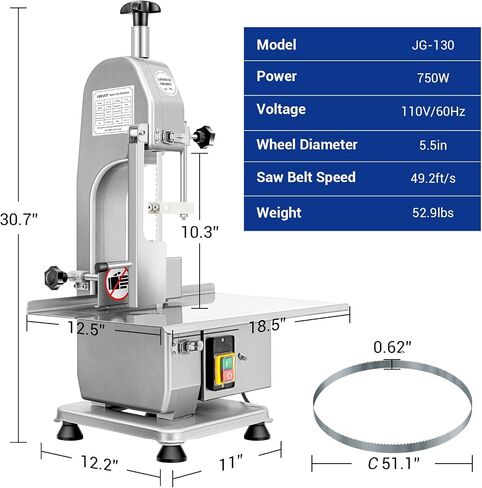 Commercial Electric Meat and Bone Band Saw, 750W Stainless Steel Worktable Bone Saw Machine, Worktable 12.5" x 18.5", 0.03-4.72'' Cutting Thickness, Frozen Meat Cutter for Rib Pork Beef (2 Blades) in Kuwait