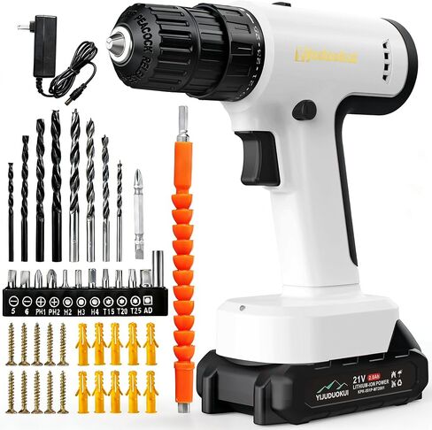 21V Cordless Drill Set, 3/8" Chuck, 27 PCS - White | 21V Cordless Drill 27 PCS Drill Set 3/8" Keyless Chuck 266 In-lb Torque 25+1 Clutch Settings in Kuwait