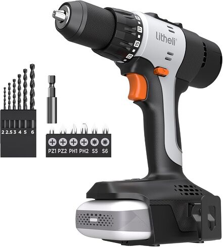 Litheli 20V Cordless Drill Set, 1/2-Inch Keyless Chuck, 443 In-lbs Torque, 2.0Ah Battery with Power Bank Function & Type-C Charging, 64-Piece Home Tool Kit with Bag for DIY & Home Repairs in Saudi Arabia
