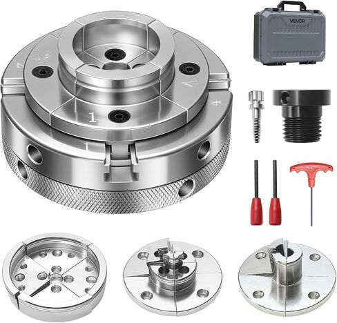 VEVOR 4 Inch Wood Lathe Chuck, 4-Jaw, Self-Centering Wood Turning Chuck Set with 1" x 8TPI Thread & Adapter, 4 PCS Round/Jaws/Pin Jaws, Case, Nickel-Plated, High-Hardness Steel, for Woodworking Lathe in Kuwait