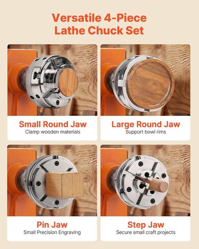VEVOR 4 Inch Wood Lathe Chuck, 4-Jaw, Self-Centering Wood Turning Chuck Set with 1" x 8TPI Thread & Adapter, 4 PCS Round/Jaws/Pin Jaws, Case, Nickel-Plated, High-Hardness Steel, for Woodworking Lathe in Kuwait