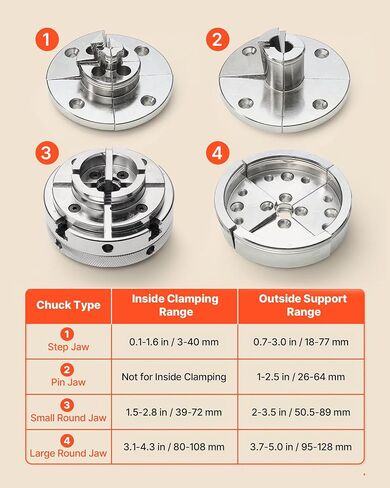 VEVOR 4 Inch Wood Lathe Chuck, 4-Jaw, Self-Centering Wood Turning Chuck Set with 1" x 8TPI Thread & Adapter, 4 PCS Round/Jaws/Pin Jaws, Case, Nickel-Plated, High-Hardness Steel, for Woodworking Lathe in Kuwait