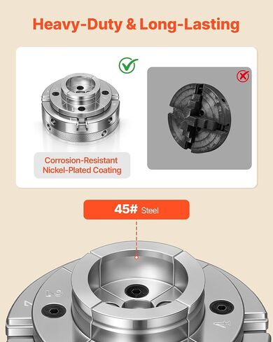 VEVOR 4 Inch Wood Lathe Chuck, 4-Jaw, Self-Centering Wood Turning Chuck Set with 1" x 8TPI Thread & Adapter, 4 PCS Round/Jaws/Pin Jaws, Case, Nickel-Plated, High-Hardness Steel, for Woodworking Lathe in Kuwait