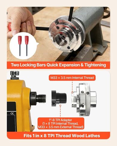 VEVOR 4 Inch Wood Lathe Chuck, 4-Jaw, Self-Centering Wood Turning Chuck Set with 1" x 8TPI Thread & Adapter, 4 PCS Round/Jaws/Pin Jaws, Case, Nickel-Plated, High-Hardness Steel, for Woodworking Lathe in Kuwait
