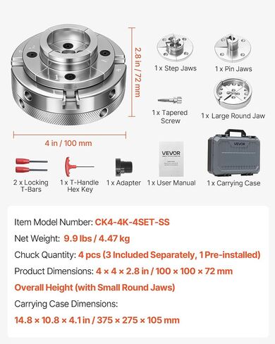 VEVOR 4 Inch Wood Lathe Chuck, 4-Jaw, Self-Centering Wood Turning Chuck Set with 1" x 8TPI Thread & Adapter, 4 PCS Round/Jaws/Pin Jaws, Case, Nickel-Plated, High-Hardness Steel, for Woodworking Lathe in Kuwait