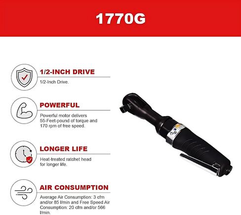 1770G 1/2" Edge Series Drive Air Ratchet Wrench, 55 ft-lbs Max Torque Output, 170 RPM, Comfort Grip, Compact, Lightweight, Black Replacement for Ingersoll Rand 1770G in Kuwait