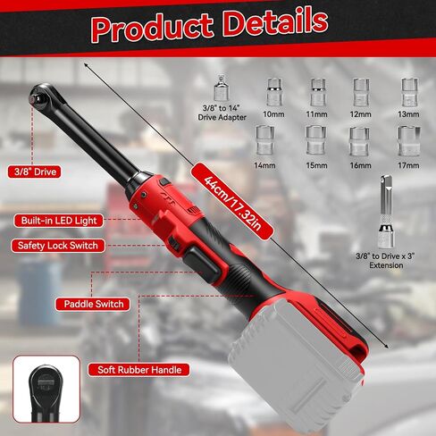 3/8" Cordless Ratchet Wrench for Milwaukee M18 Battery, 60 Ft-lbs(81 N.m) Electric Ratchet Set with Extended Head, Variable Speed, 3/8" to 1/4" Adapter, LED Light, 8 Socket Set (No Battery) in Kuwait