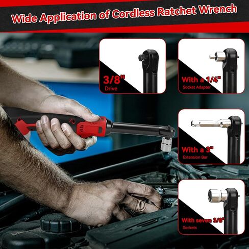3/8" Cordless Ratchet Wrench for Milwaukee M18 Battery, 60 Ft-lbs(81 N.m) Electric Ratchet Set with Extended Head, Variable Speed, 3/8" to 1/4" Adapter, LED Light, 8 Socket Set (No Battery) in Kuwait