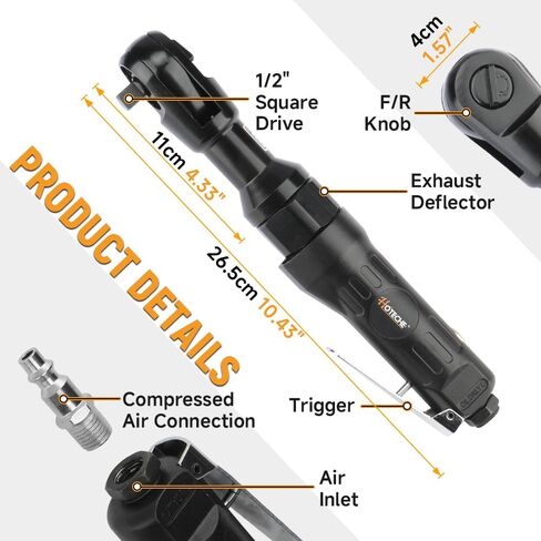 Hoteche 1/2-Inch Air Ratchet Wrench, 65 Ft-lb Max Torque Pneumatic Ratchet Tool, High Speed Professional Air Powered Socket Wrench for Automotive Repair and Tight Spaces, 1/4" Air Inlet in Kuwait