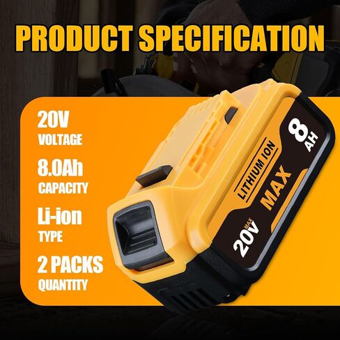 DCB200 8.0Ah Rechargeable Replacement for Dewalt 20V Max Battery (2-Pack) | Compatible with DCB201 DCB203 DCB204 DCB206 DCB207, LED fuel gauge, overcharge & short-circuit protection, 1-year warranty in Kuwait