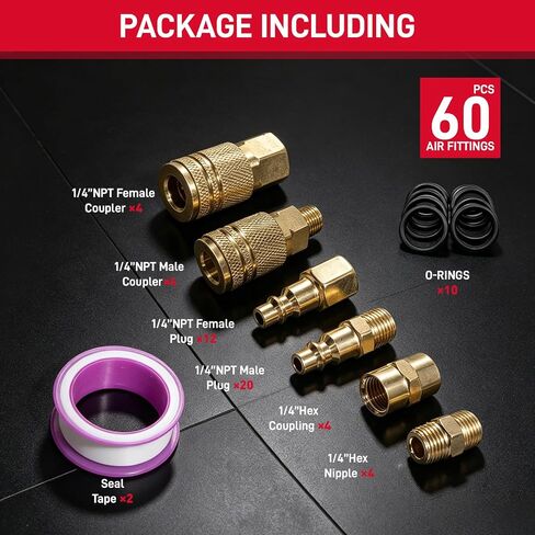 60Pcs 1/4" NPT Quick Connect Air Hose Fittings Kit for Air Compressor, Couplers, Plugs & Adapters Set, Pneumatic Air Line Accessories, O-Rings, Storage Case, 300 PSI in Kuwait