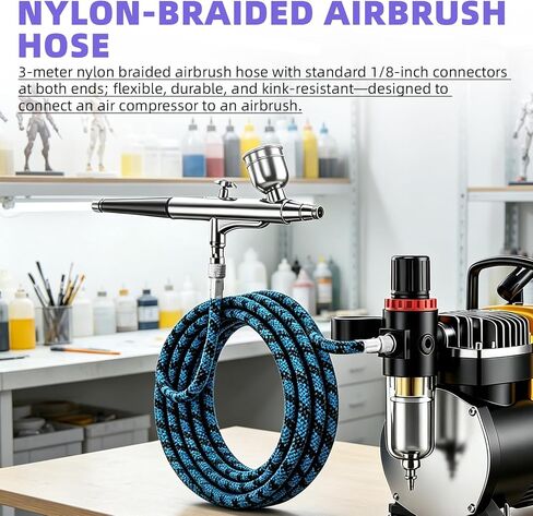 DEELEDM 1/8" Airbrush Quick Connect with 10ft Hose & 4 Male Connectors | Adjustable pressure hose adapter, blue spray hose, quick release design for airbrushing, model painting & DIY crafts in Kuwait