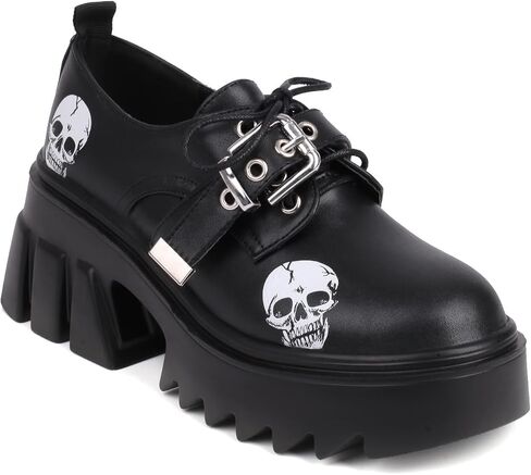 Women's Gothic Skull Platform Shoes – Punk-Style Mary Janes with Metal Buckle, Chunky Heel & Glossy/Matte Finish for Y2K, Alternative Fashion in Kuwait