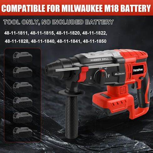 SDS Plus Rotary Hammer for Milwaukee M18 Battery (No Battery) | 2.6J Impact, Brushless Motor, 360° Rotating Handle, 4-Working Modes, Overload Protection, Compact Design in Kuwait