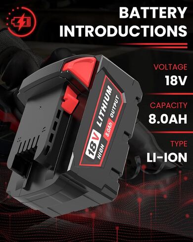 2PC 8.0Ah Replacement for Milwaukee 18 Volt Battery(2Pack) | Compatible with Milwaukee 18V Hammer Drill, Impact Driver, Sawzall, Vacuum in Kuwait