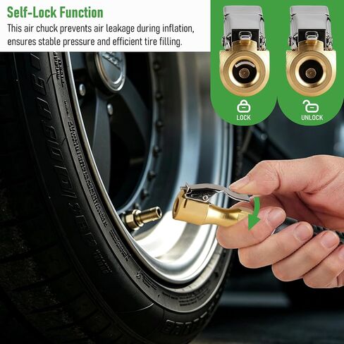 Lock On Air Chuck with Clip, 1/4" NPT Closed Flow Tire Chuck 150 PSI, Heavy Duty Air Compressor Accessory for Tire Inflator Gauge, 4PCS Kit with Valve Stem Caps – Leak-Proof Inflation Tool in Kuwait