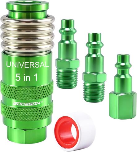 GODESON 4-Piece 1/4" NPT Air Hose Fittings, 5-in-1 Safety Universal Air Coupler and 3 Plugs, Accepts M V T A L Style Plugs, Steel/Aluminum, for Air Compressor Quick Connect Fittings with Teflon Tape in Kuwait