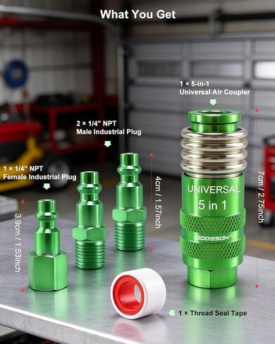 GODESON 4-Piece 1/4" NPT Air Hose Fittings, 5-in-1 Safety Universal Air Coupler and 3 Plugs, Accepts M V T A L Style Plugs, Steel/Aluminum, for Air Compressor Quick Connect Fittings with Teflon Tape in Kuwait