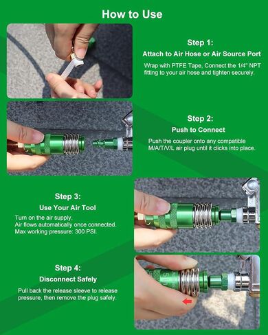 GODESON 4-Piece 1/4" NPT Air Hose Fittings, 5-in-1 Safety Universal Air Coupler and 3 Plugs, Accepts M V T A L Style Plugs, Steel/Aluminum, for Air Compressor Quick Connect Fittings with Teflon Tape in Kuwait