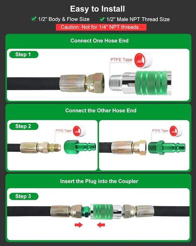 GODESON 1/2" Air Hose Fittings Kit, 3-Piece Quick Connect Adapter, 1/2" Male NPT I/M Industrial Coupler and 2 Plugs, 300 PSI Green Plated Heavy Duty Iron, Ideal for Pneumatic Tools & Air Compressor in Kuwait