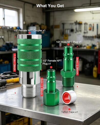 GODESON 1/2" Air Hose Fittings Kit, 3-Piece Quick Connect Adapter, 1/2" Male NPT I/M Industrial Coupler and 2 Plugs, 300 PSI Green Plated Heavy Duty Iron, Ideal for Pneumatic Tools & Air Compressor in Kuwait