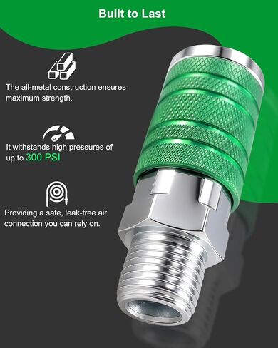 GODESON 1/2" Air Hose Fittings Kit, 3-Piece Quick Connect Adapter, 1/2" Male NPT I/M Industrial Coupler and 2 Plugs, 300 PSI Green Plated Heavy Duty Iron, Ideal for Pneumatic Tools & Air Compressor in Kuwait