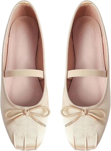 OYOANGLE Women's Satin Bow Ballet Flats Cute Square Toe Slip on Maryjane Shoes with Elastic Strap in Kuwait