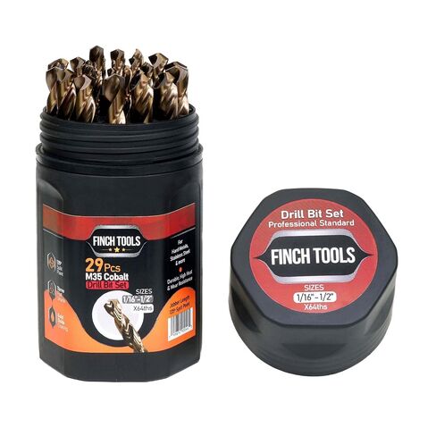 29 Pcs Cobalt Drill Bit Set, M35 HSS Jobber Drill Bits, Fully Ground, Gold Oxide Finish, Size 1/16"-1/2" x64ths, 3 Flat Shank, for Stainless Steel, Cast Iron, Plastic, Wood with Round indexed case. in Kuwait
