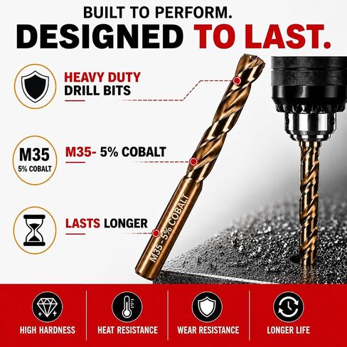 29 Pcs Cobalt Drill Bit Set, M35 HSS Jobber Drill Bits, Fully Ground, Gold Oxide Finish, Size 1/16"-1/2" x64ths, 3 Flat Shank, for Stainless Steel, Cast Iron, Plastic, Wood with Round indexed case. in Kuwait